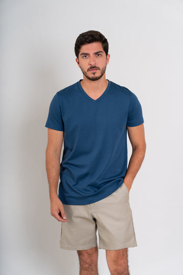 POLO HOMBRE CUELLO V MC -  PIMA GAMUZADO | AZUL