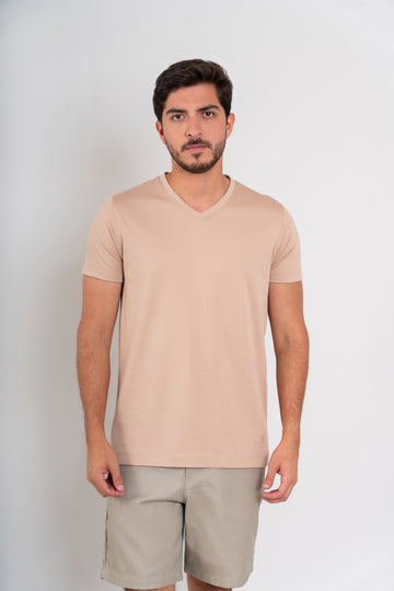 POLO HOMBRE CUELLO V MC -  PIMA GAMUZADO | BEIGE