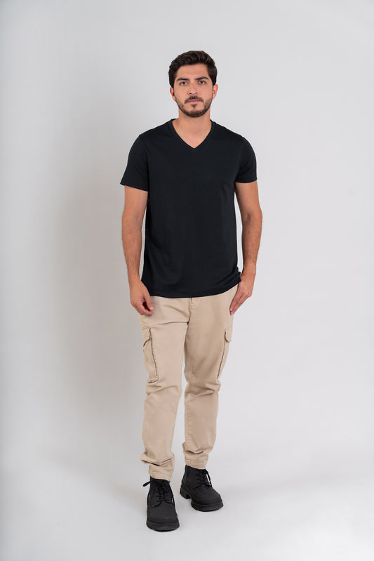 POLO HOMBRE CUELLO V MC -  PIMA GAMUZADO | NEGRO