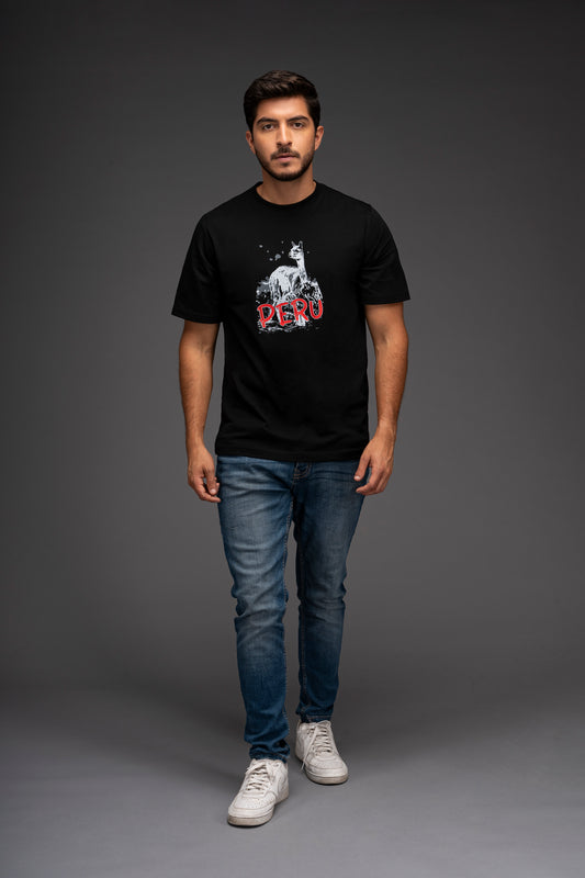 POLO DE ALGODÓN PIMA MANGA CORTA VICUÑA PERÚ VINTAGE | NEGRO