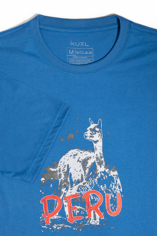 POLO DE ALGODÓN PIMA MANGA CORTA VICUÑA PERÚ VINTAGE | AZUL