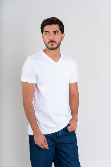 POLO CUELLO V -  PIMA GAMUZADO | BLANCO