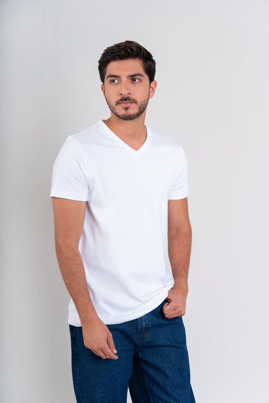 POLO CUELLO V -  PIMA GAMUZADO | BLANCO