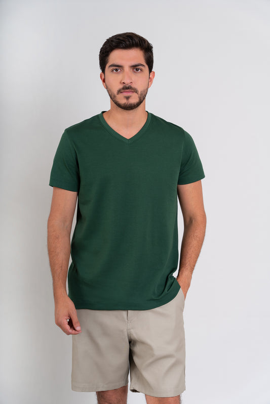 POLO CUELLO V -  PIMA GAMUZADO | VERDE