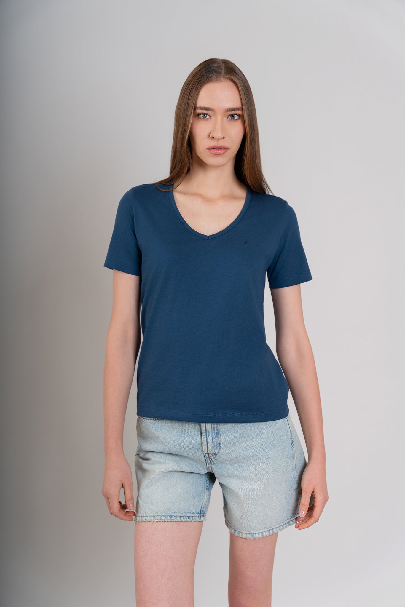 POLO MUJER CUELLO V MC -  PIMA GAMUZADO | AZUL