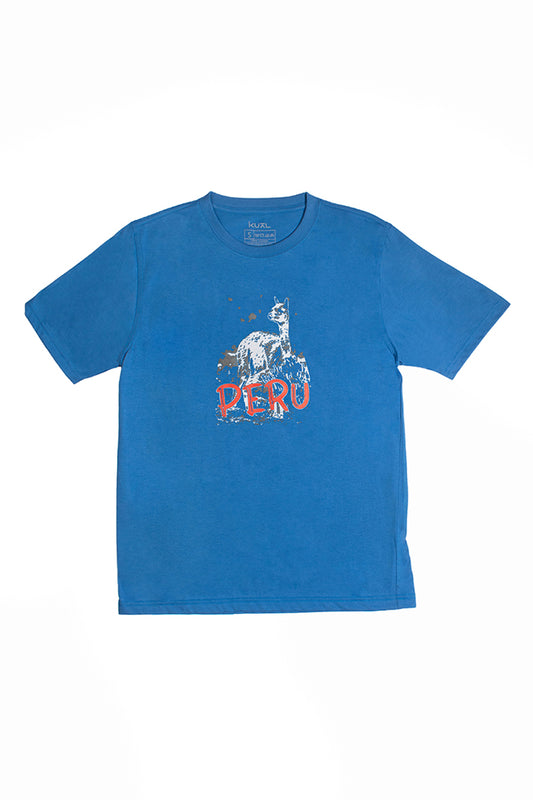 POLO DE ALGODÓN PIMA MANGA CORTA VICUÑA PERÚ VINTAGE | AZUL